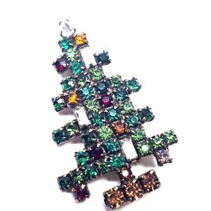 Vintage Weiss 3 Candle Christmas Tree Brooch Pin Rhinestone Gold Tone Signed